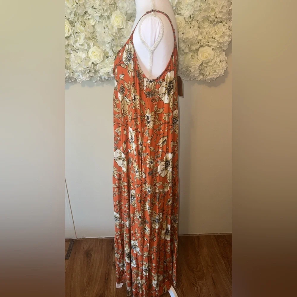 Kori Women’s Burnt Orange Floral Spaghetti Strap Maxi Dress Boho